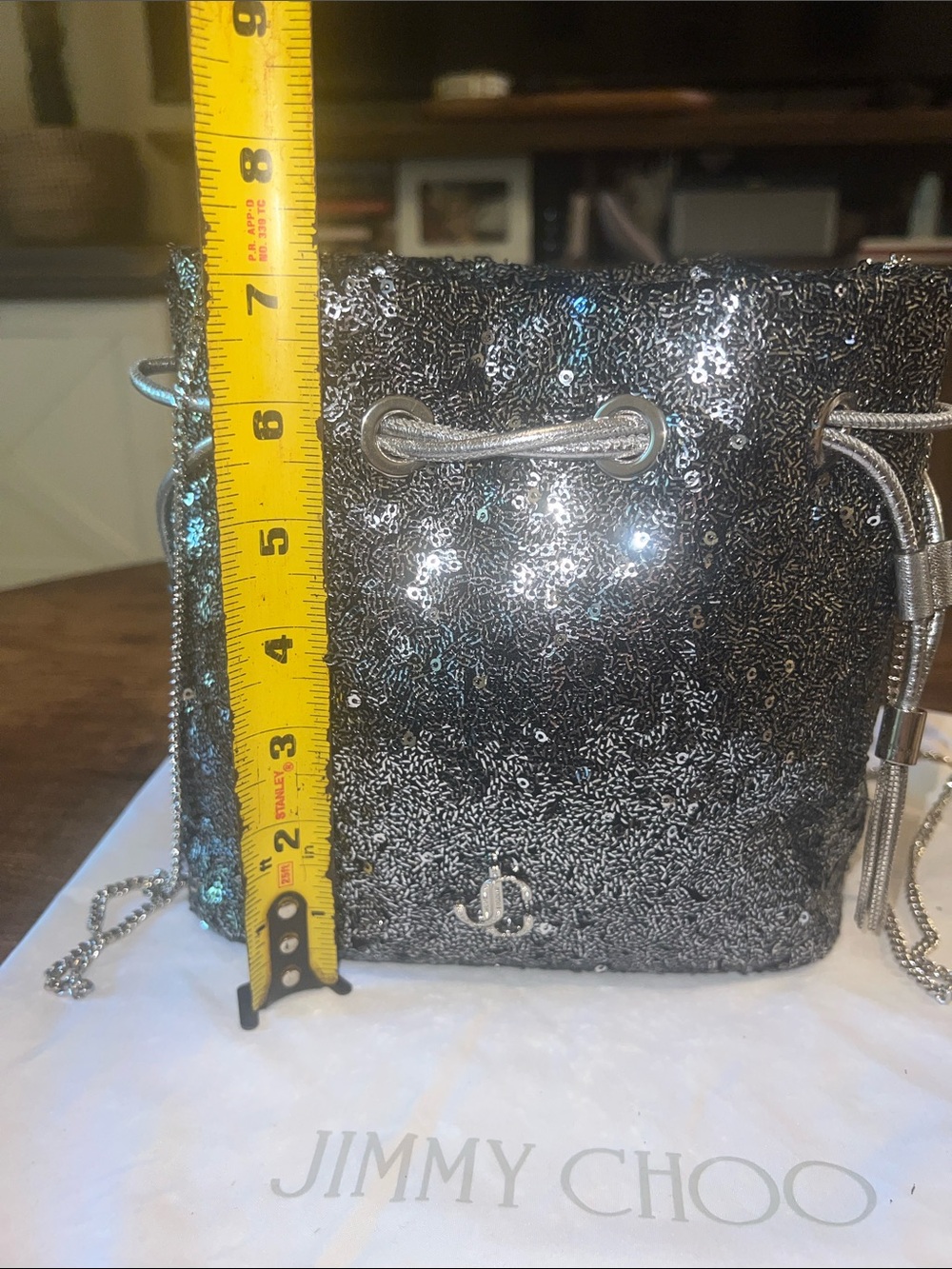 Jimmy Choo Silver/Graphite Sequin Drawstring Mini Bucket Bag - Picture 10 of 13